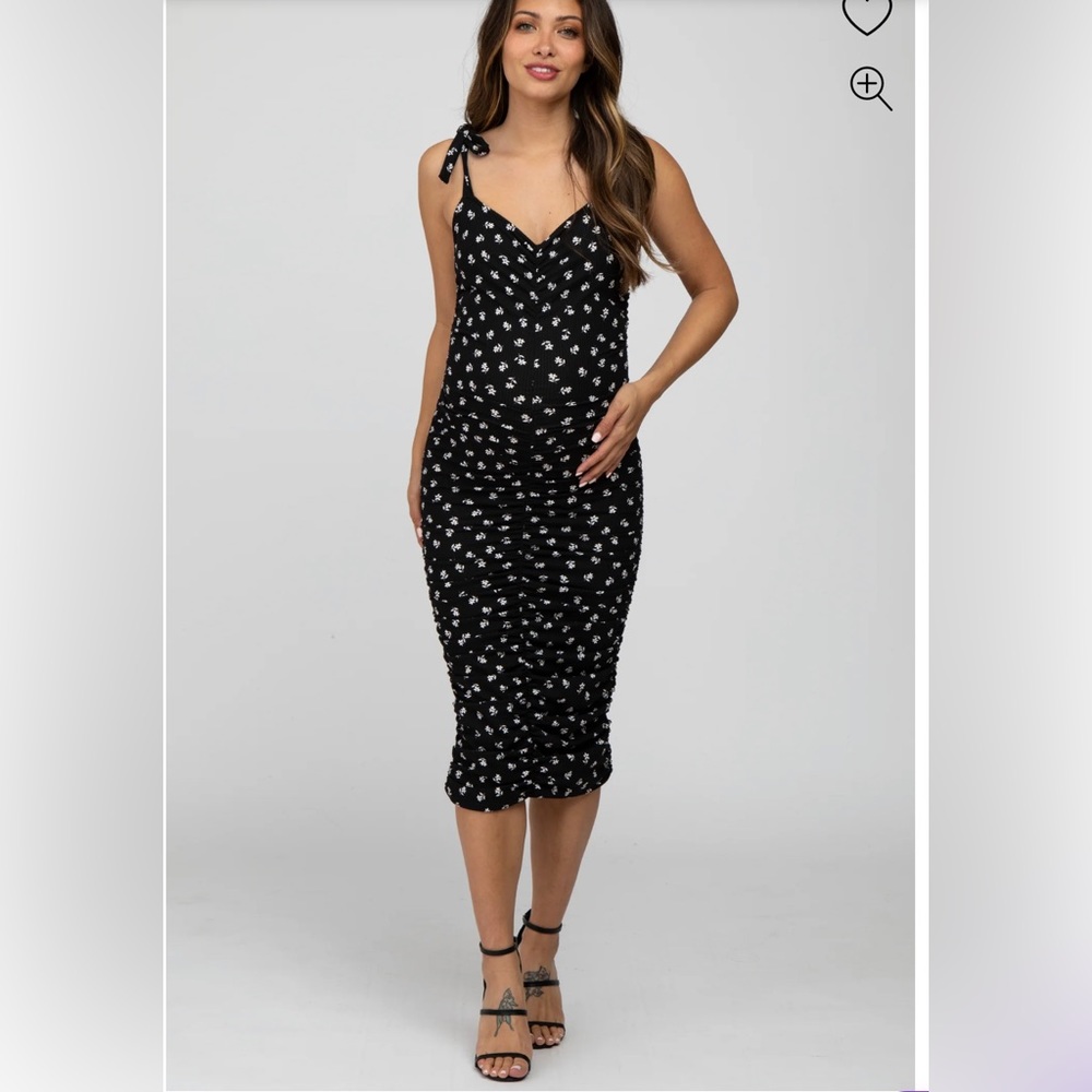 Black Floral Ribbed Ruched Shoulder Tie Maternity Dress
